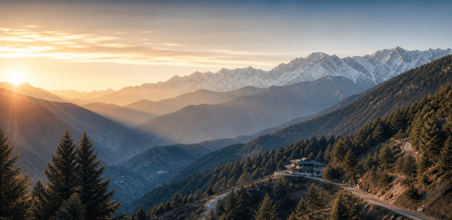 Himalayan mountain ridges, a winding road, and a hillside lodge at sunrise