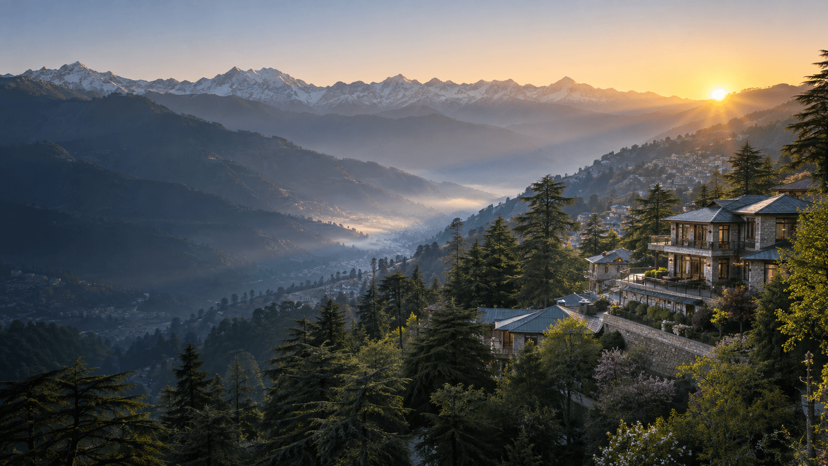 A Himalayan hill town and boutique hotels at sunrise