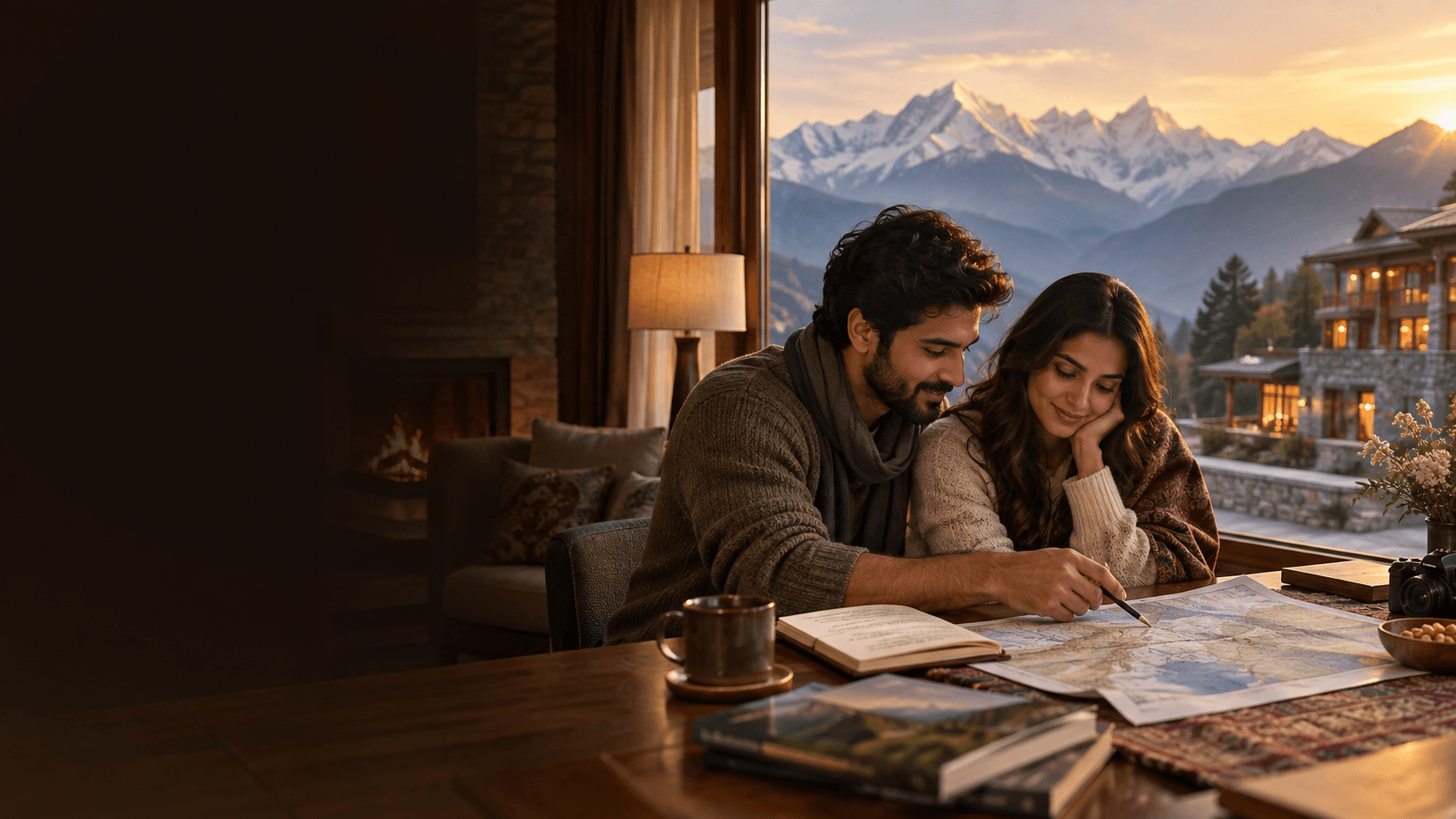 Travellers planning a Himalayan hotel stay beside a mountain view