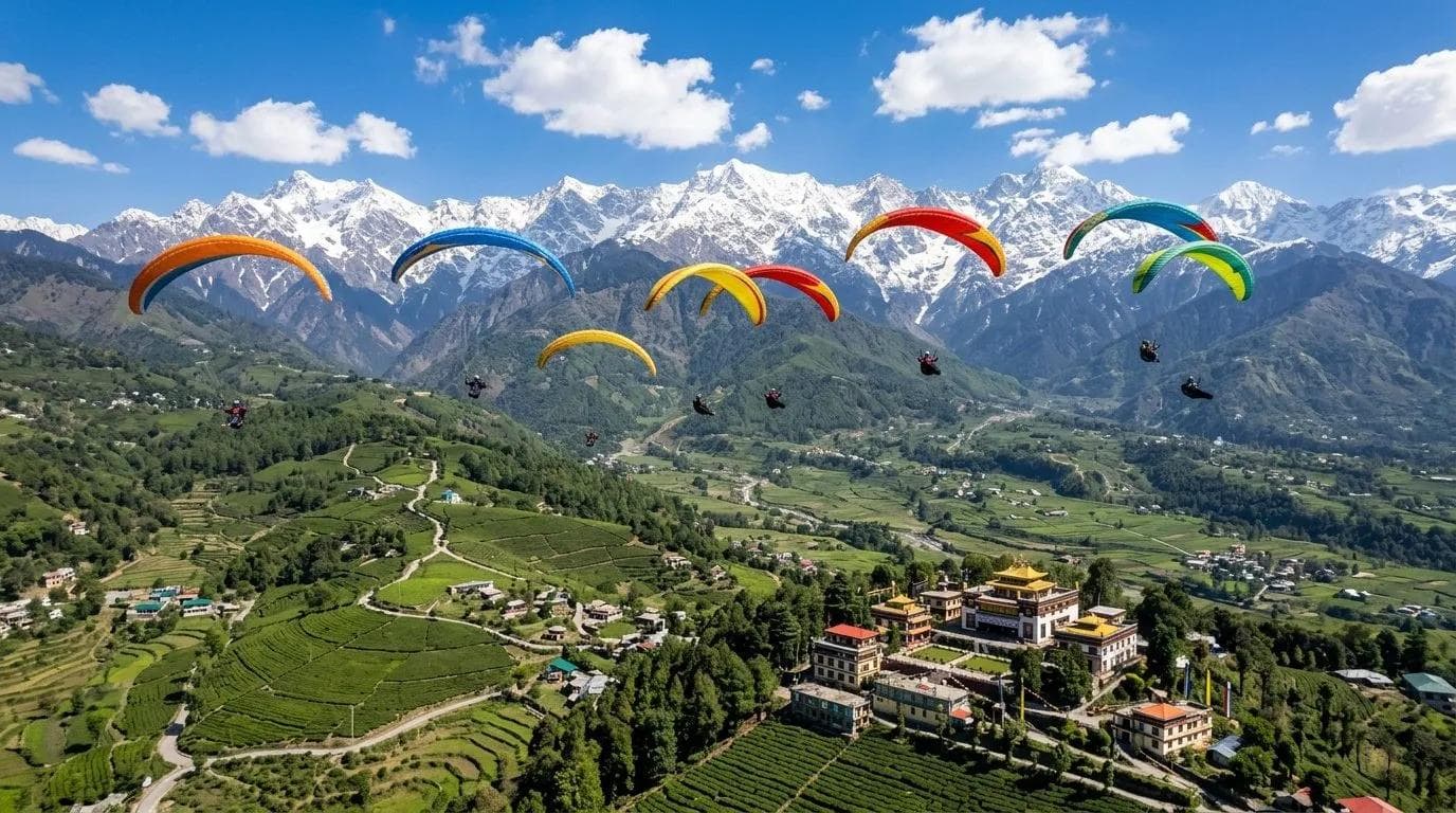 The Dhauladhar range behind colourful paragliders