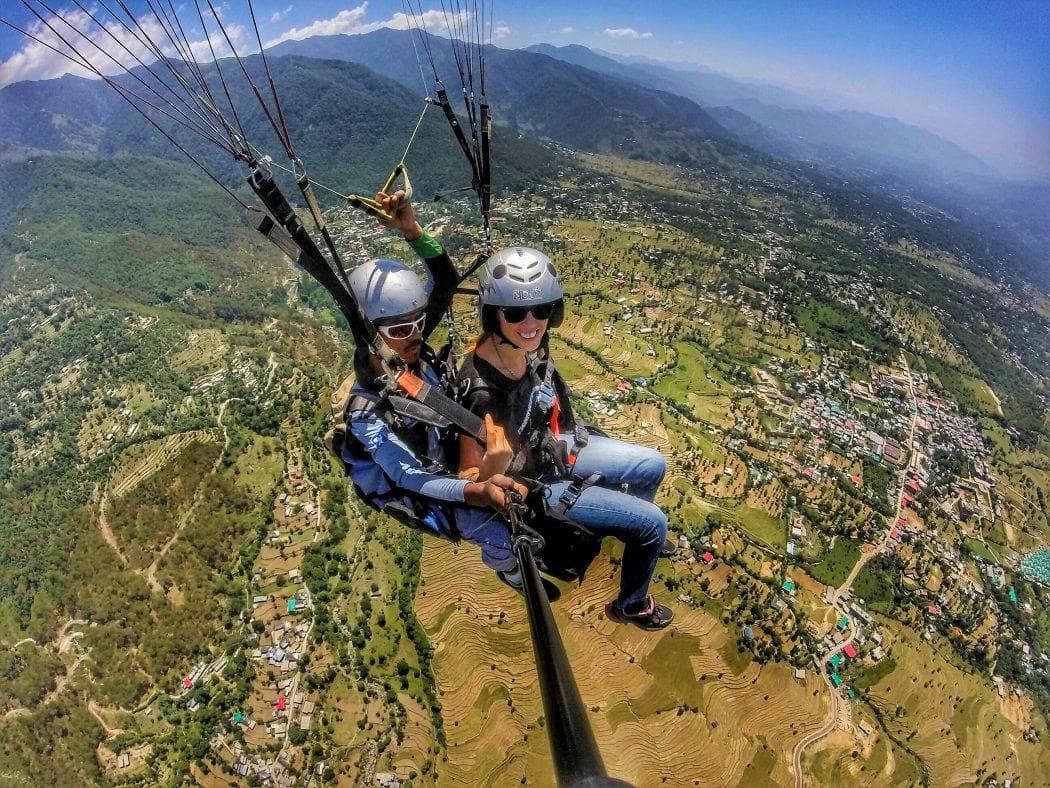 A tandem flight over terraced fields