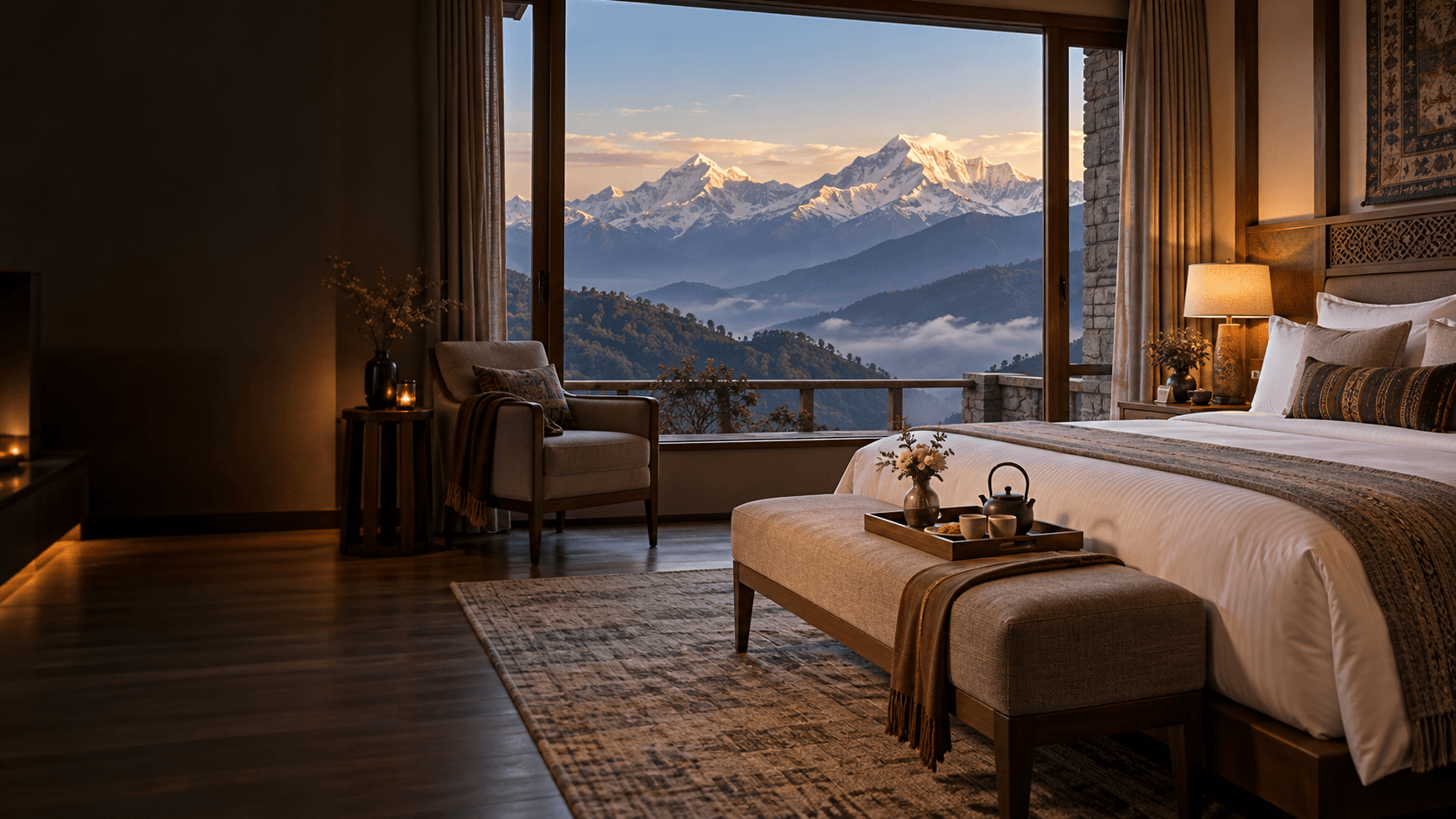 A refined Himalayan hotel room prepared for a guest